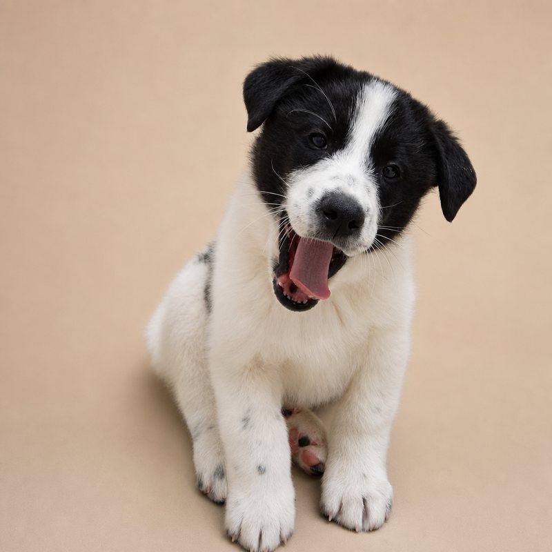 Vaca, a black and white puppy, in the middle of a yawn
